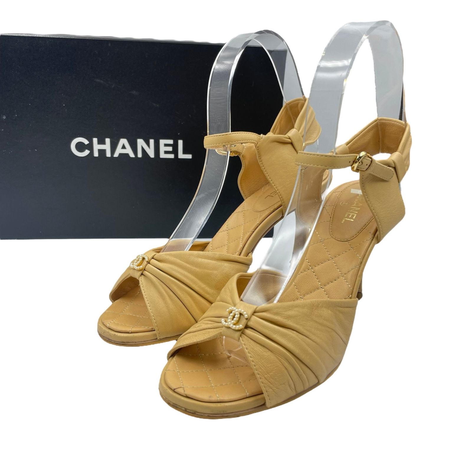 美品 CHANEL シャネル サンダル レザー ココマーク ロゴ ベージュ サイズ36.5C 箱付き