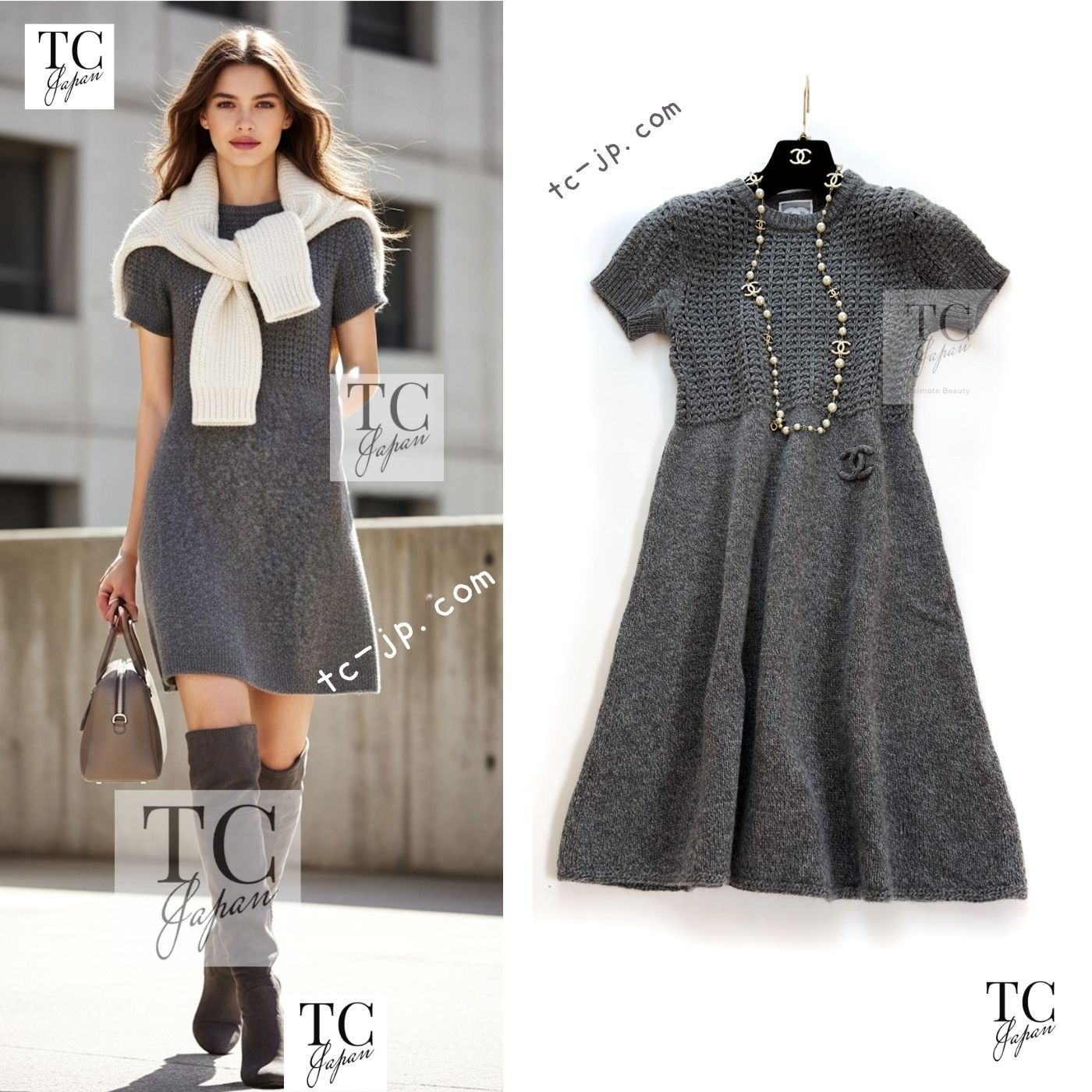 シャネル ワンピース CHANEL グレー ウール カシミア CC ロゴ ニット カール・ラガーフェルド ココマーク 人気 定番 34 42