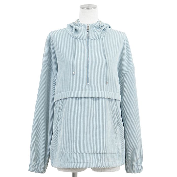 【美品】MONCLER モンクレール コーデュロイパーカー サイズ 40 レディース ハーフジップ ロゴ ワッペン ストレッチ プルオーバー ロングスリーブ 長袖 フーディー トップス サックスブルー 青 イタリア製
