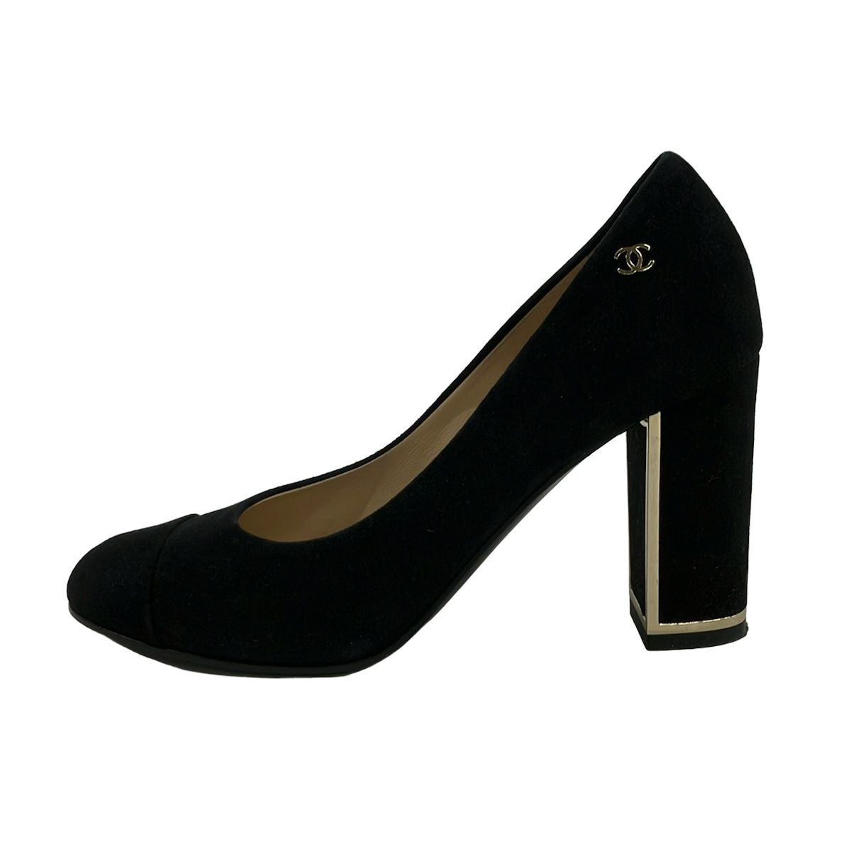 CHANEL(シャネル) パンプス 37 C レディース - G31655 黒×ゴールド チャンキーヒール