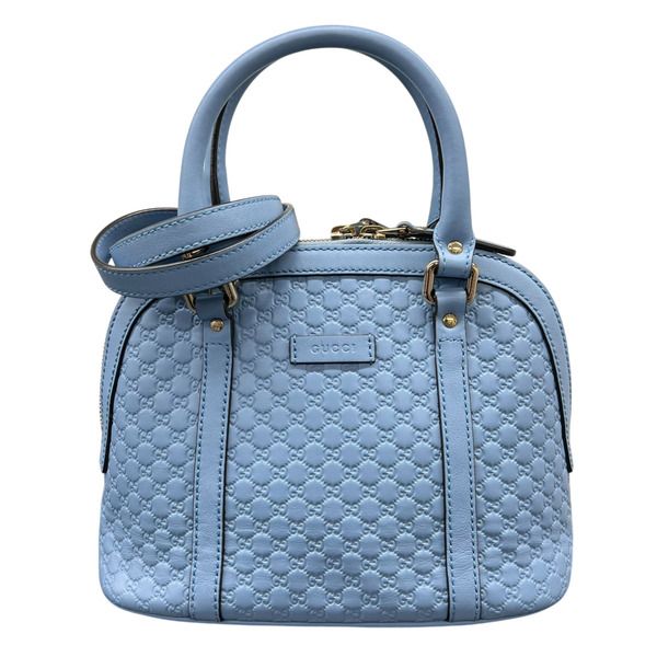GUCCI 極美品 グッチ マイクロ グッチシマ 2WAY ハンドバッグ ショルダーバッグ 449654 型押し レザー ライトブルー エンボス GG クロスボディ ミニバッグ ポシェット Aランク 中古 鑑定済 グッチバッグ