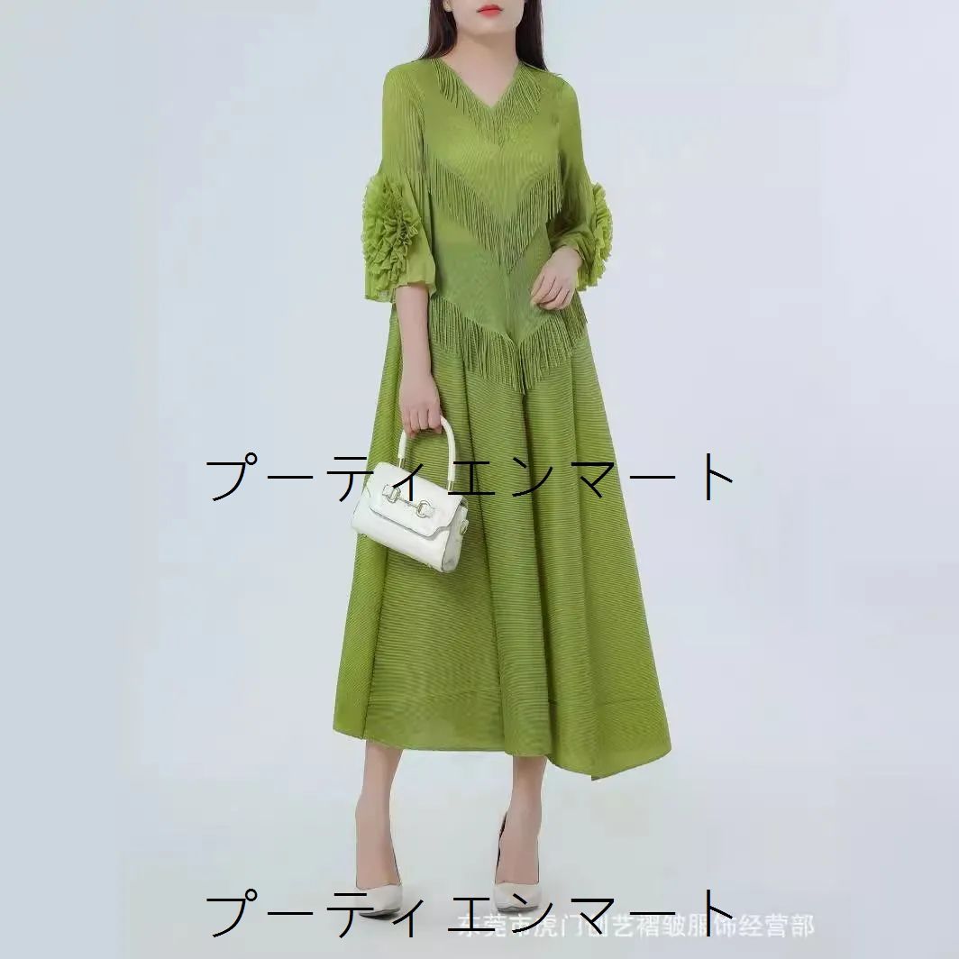 人気商品 ワンピース ロングワンピース 七分袖 レディース プリーツ レッド ブラック グリーン ライトグリーン パー プル 0464
