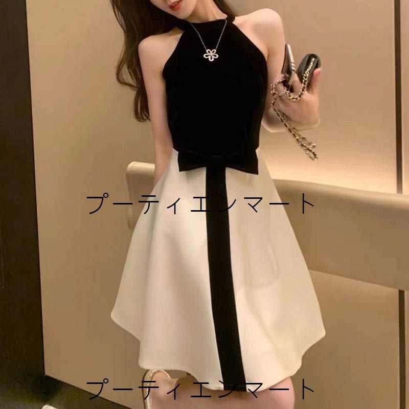 人気商品 パーティードレス 結婚式 ホルダーネック 袖なし モノトーン ウエストリボン 膝丈 フレアスカート きれいめ お呼ばれ 20代 30代 フォーマル 0624