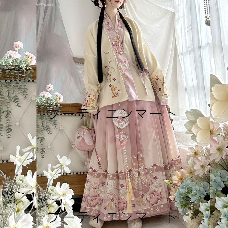 人気商品明制対襟交穿刺繍漢服 春夏秋用 馬面裙 吊り帯付き 日常着 優雅中華風スタイル 撮影会・イベント用 プレゼント最適 高品質デザイン