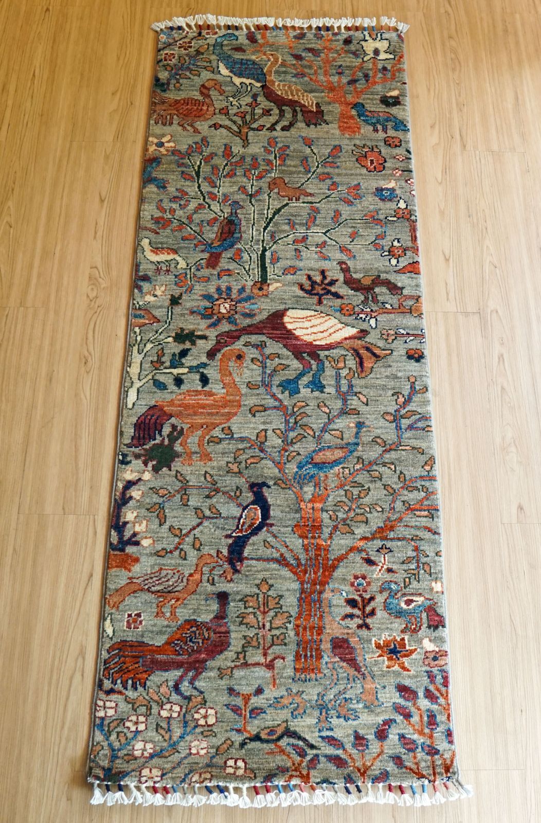 アフガニスタン ガズニ産 手織り絨毯 177×62cm ランナー｜生命の樹と鳥文様