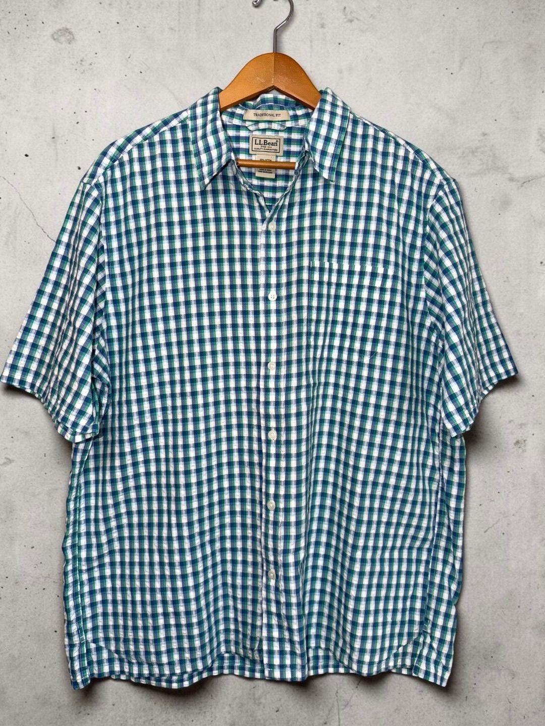 00s L.L.BEAN Seersucker S/S SHIRT L TRADITIONAL FIT エルエルビーン シアサッカー 半袖シャツ 青緑白 ボックスシルエット 古着