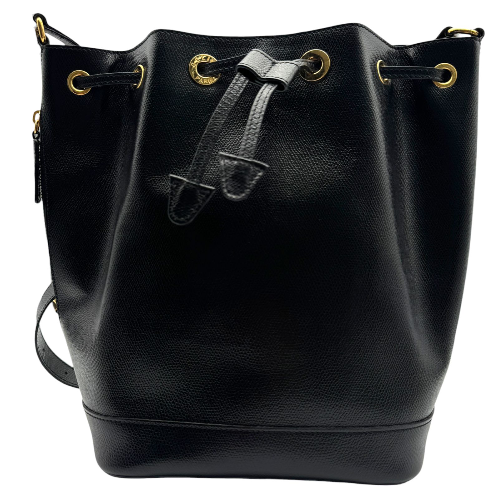 極美品 CELINE セリーヌ 巾着ショルダーバッグ 斜め掛け レザー シボ革 金具 イタリア製 ブラック 黒 レディース