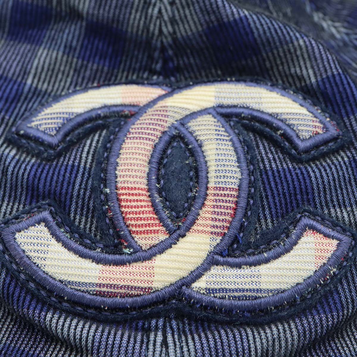 CHANEL シャネル キャップ 帽子 ココマーク チェック柄 ネイビー M