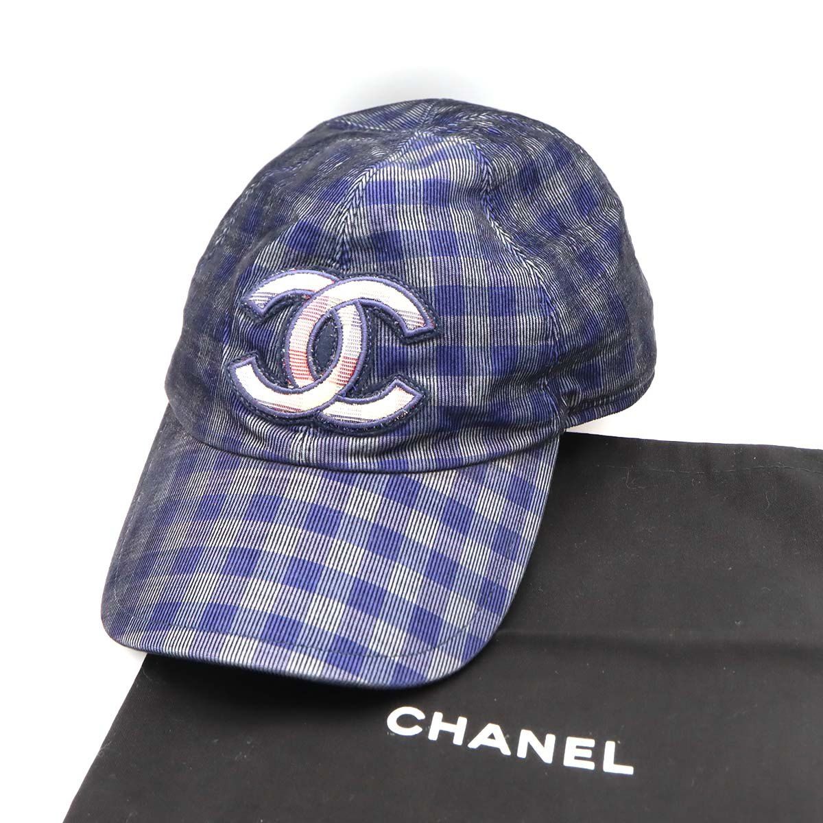 CHANEL シャネル キャップ 帽子 ココマーク チェック柄 ネイビー M