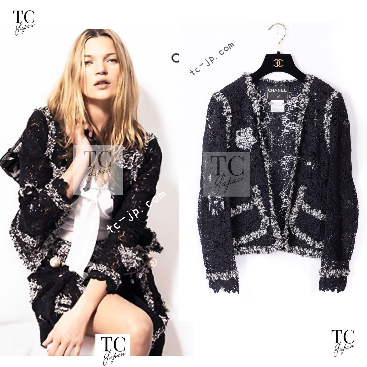 シャネル カーディガン ジャケット CHANEL カメリア ブラック レース 黒 ランウェイ カール・ラガーフェルド 超美品 38