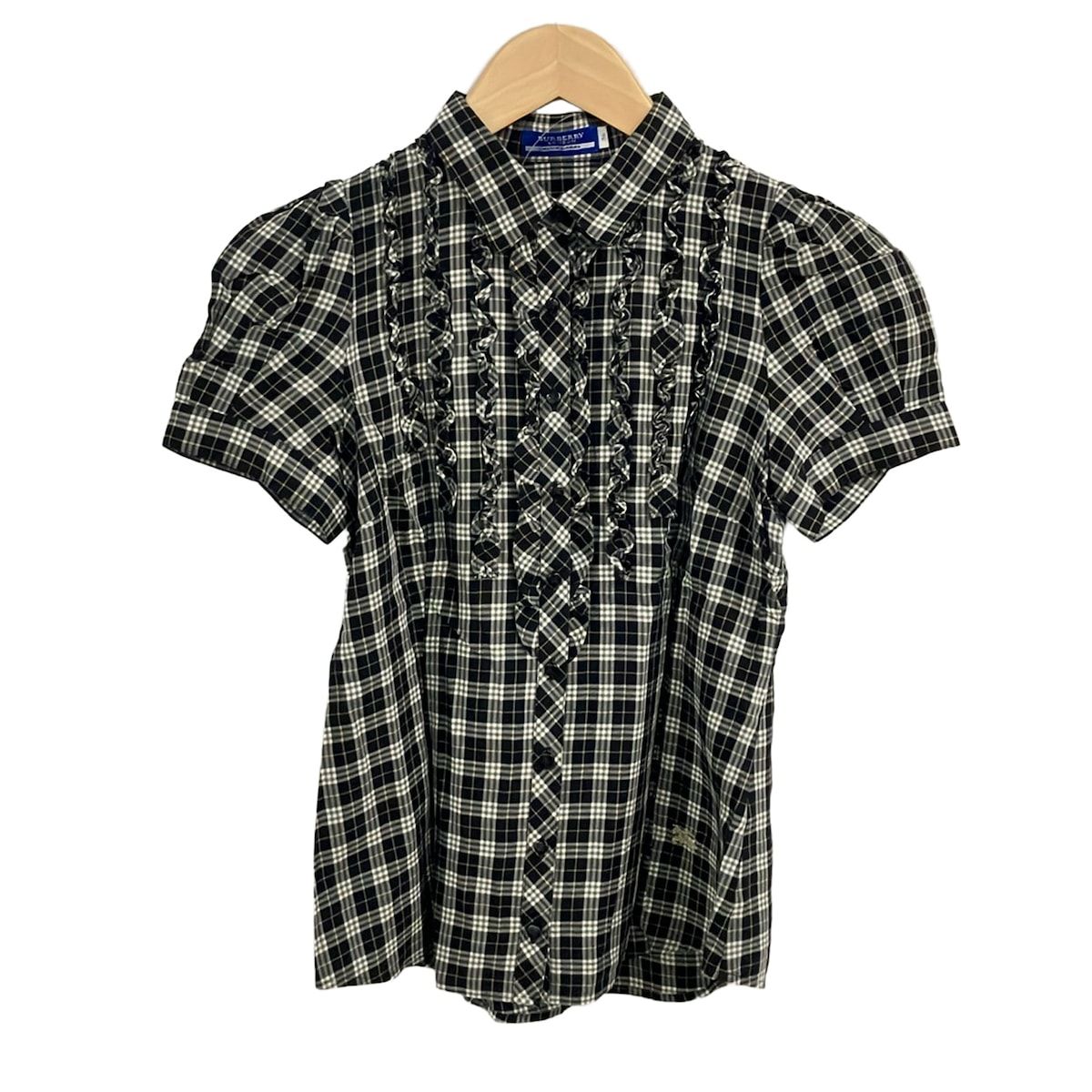 Burberry Blue Label(バーバリーブルーレーベル) 半袖シャツブラウス サイズ36 S レディース美品 - 黒×白×マルチ チェック柄/フリル