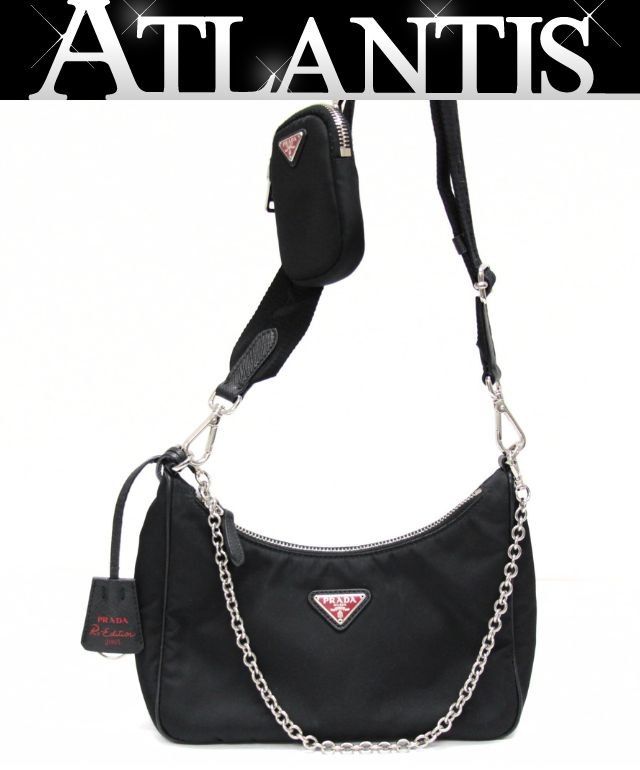 PRADA プラダ レッド三角ロゴ Re-Edition ショルダーバッグ ナイロン 黒 【74804】
