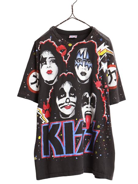 90s USA製 ★ キッス オールオーバー プリント Tシャツ メンズ XL 古着 オールド 当時物 バンド ロック シングルステッチ 黒 大きいサイズ 15,400円
