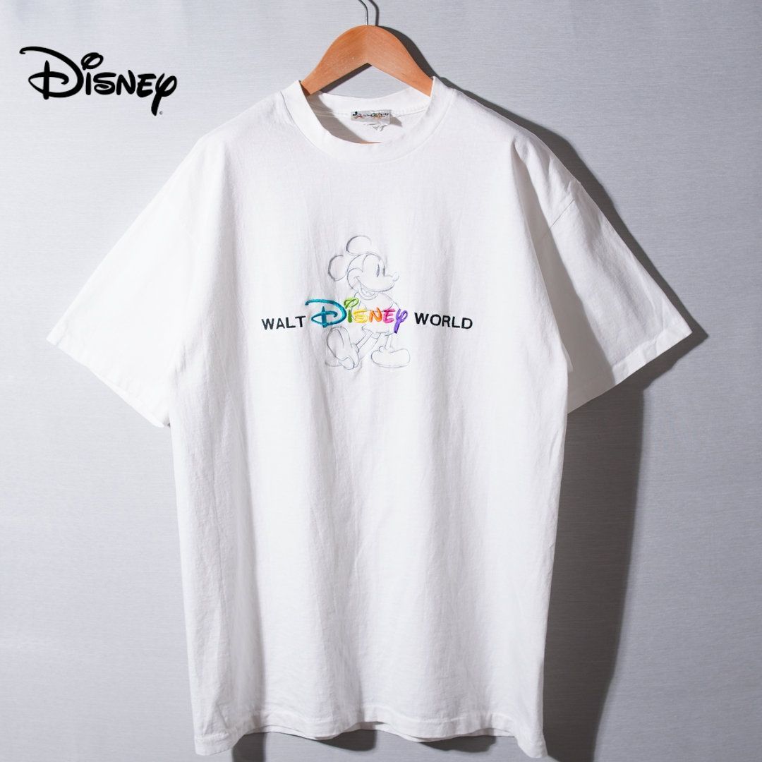 90s USA製 ディズニー Disney Tシャツ XL 刺繍デザイン ホワイト MICKEY ミッキー ヴィンテージ Vintage オーバーサイズ ビッグシルエット ストリート 古着 T177