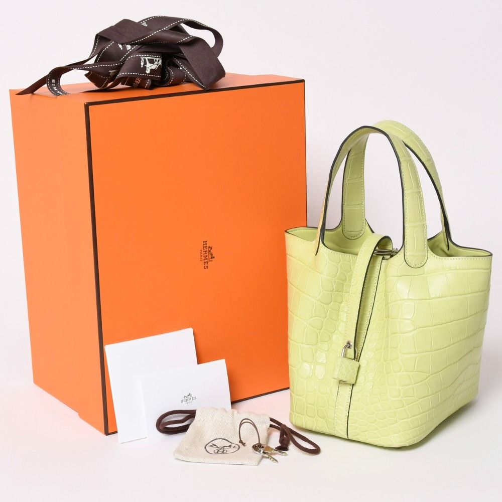 新品同様 HERMES エルメス Picotin Lock PM ピコタンロック PM ハンドバッグ アリゲーターマット ジョーヌブルジョン U刻印 中古 4a003255