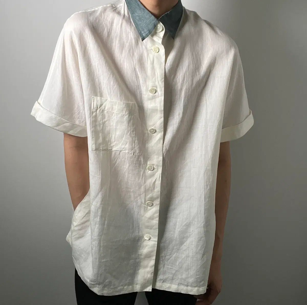 01ss YOHJI YAMAMOTO ヨウジヤマモト バイカラー カラー リネン 半袖 シャツ