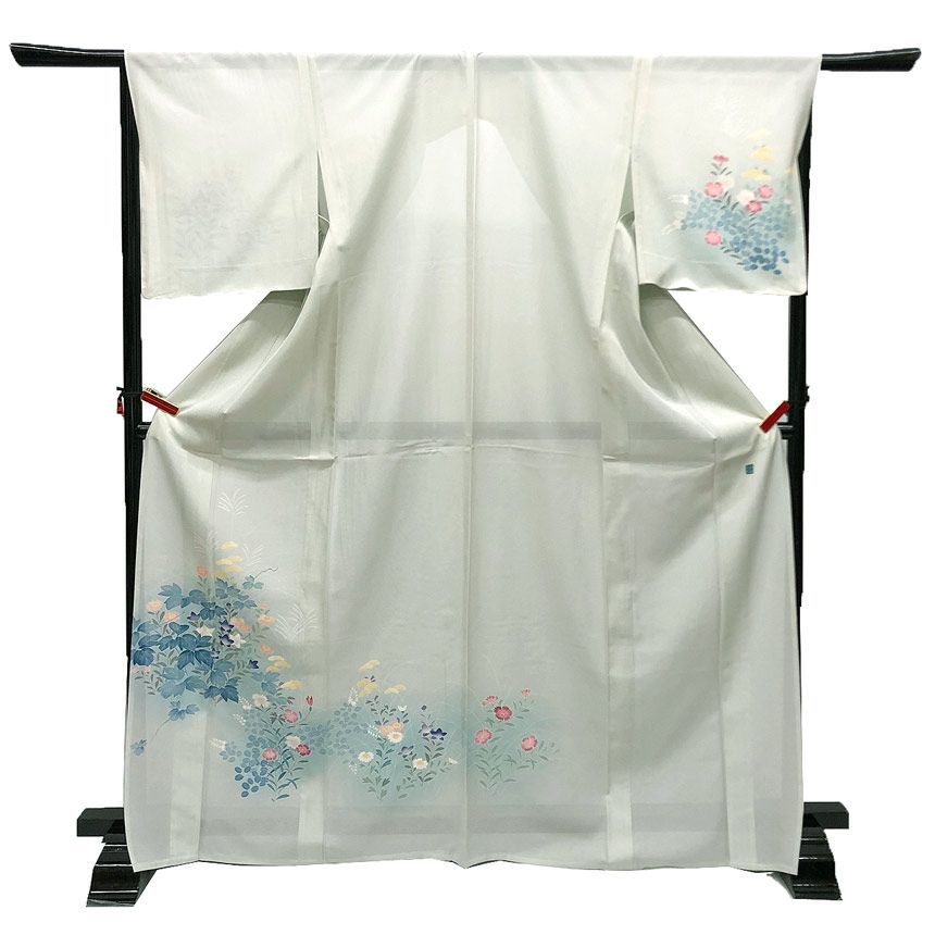 京やI593 正絹 特選 夏着物 絽 訪問着 駒絽 ライトブルー 梗 菊 薄 撫子 女郎花 萩 夏の訪問着 附下 付下げ 6月7月8月9月 単衣の時期から盛夏まで 仕立て上がり 夏のきもの 単衣仕立て 手縫い 美品