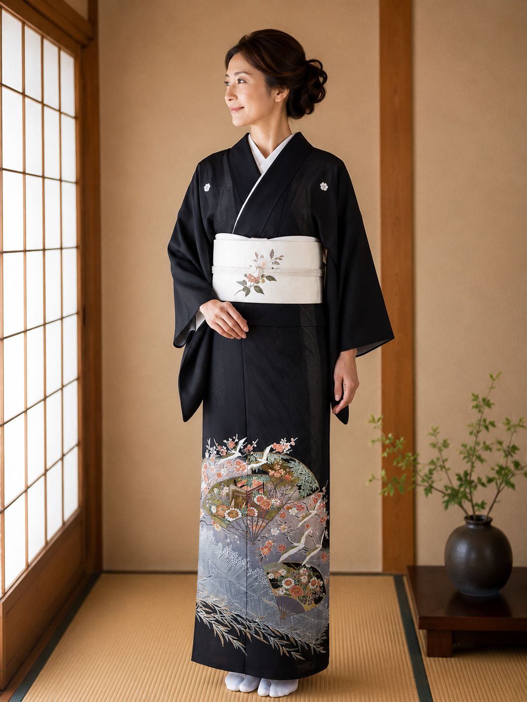 【夏着物　絽】化繊　洗えるお着物　夏黒留袖　比翼付き　五つ紋 逸品 夏黒留袖 駒絽 洗える着物 花扇面文様 金彩 比翼・袖襦袢付 ③