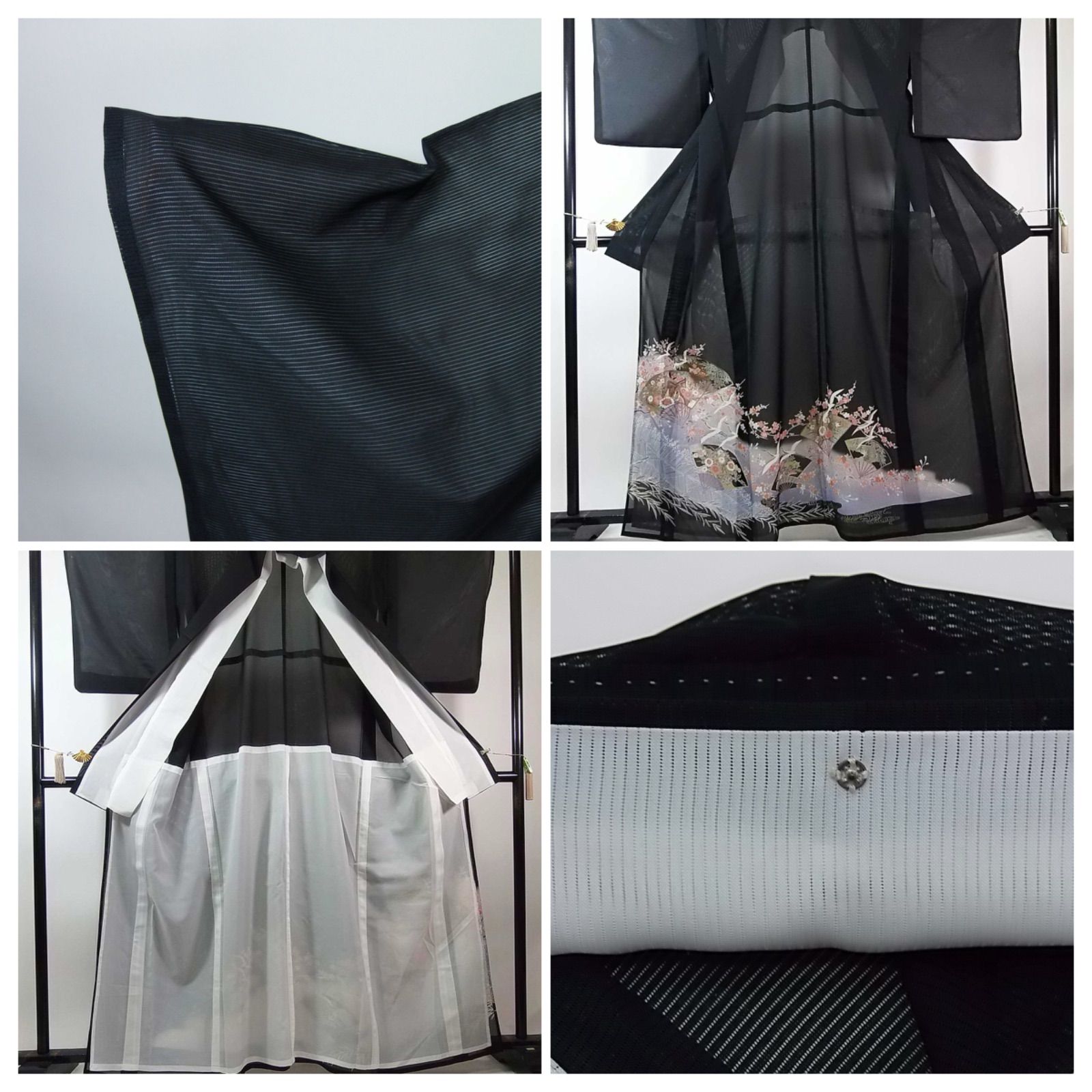 【夏着物　絽】化繊　洗えるお着物　夏黒留袖　比翼付き　五つ紋 逸品 夏黒留袖 駒絽 洗える着物 花扇面文様 金彩 比翼・袖襦袢付 ③