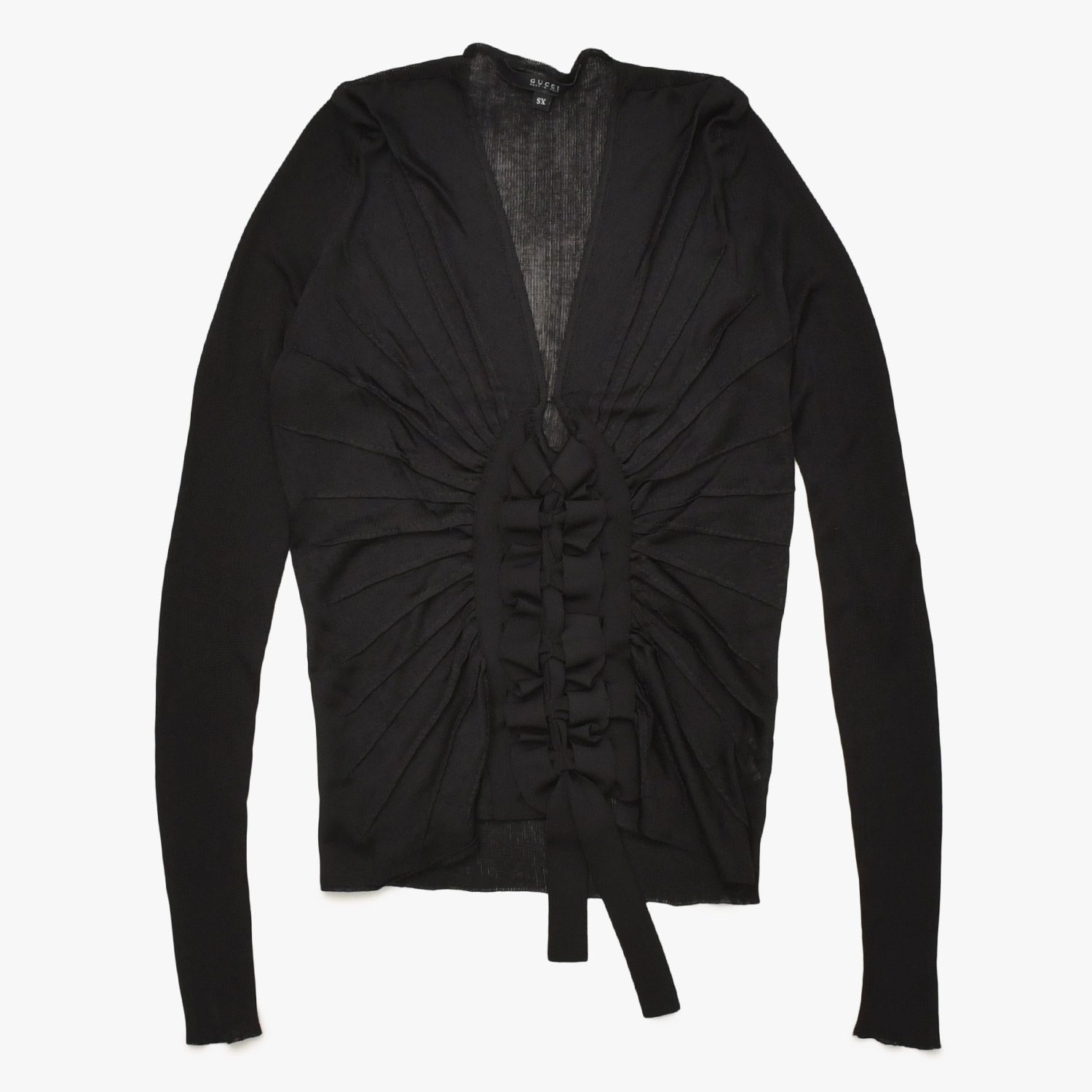 GUCCI グッチ ドレープトップス シースルーシャツ プリーツ ギャザー ブラック シアー トップス リボンデザイン XSサイズ 美品 中古 4a002631