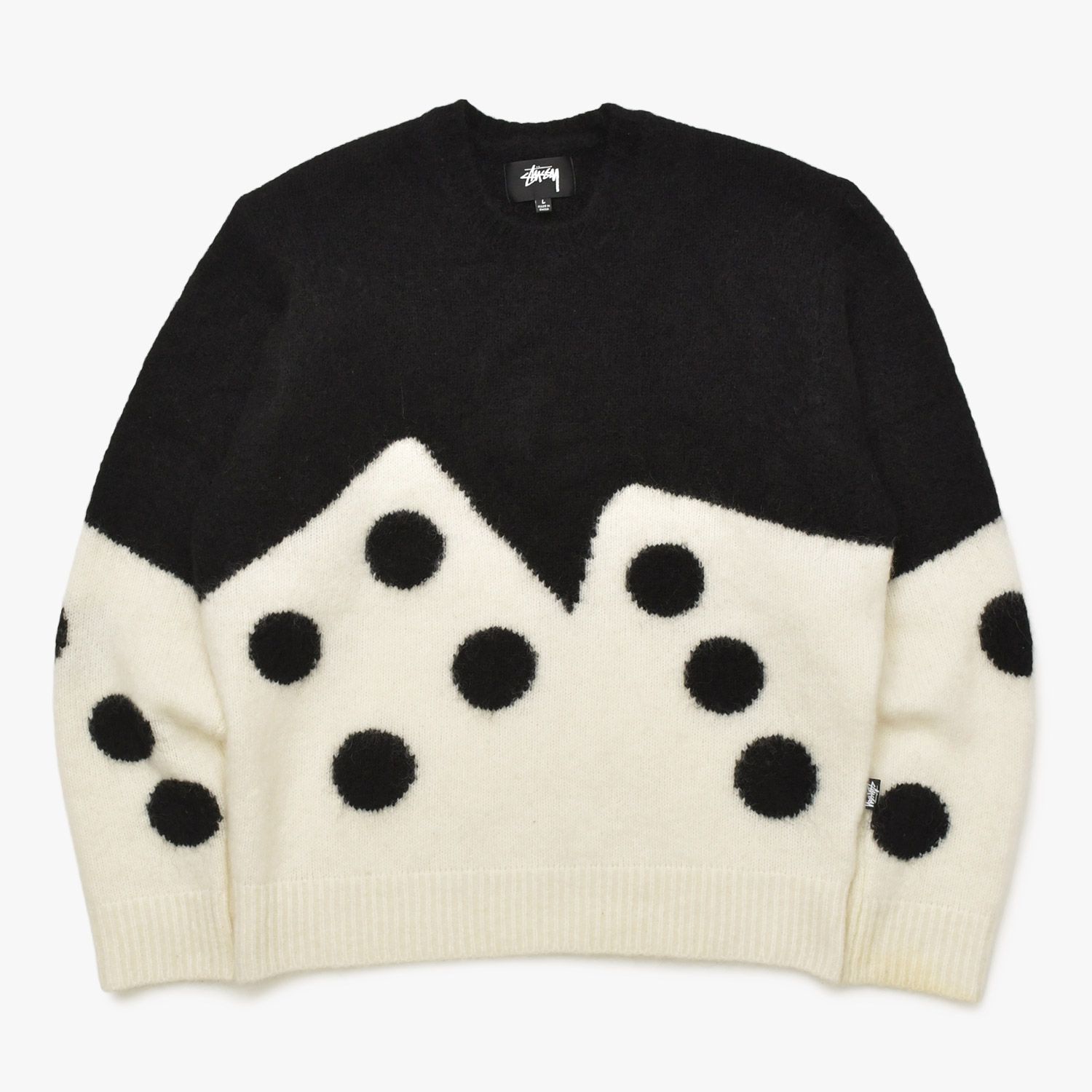 STUSSY ステューシー 23FW Dice Fuzzy Crew ダイス ファジー クルー モヘアニットセーター サイズL ホワイト ブラック 美品 中古 4a003403