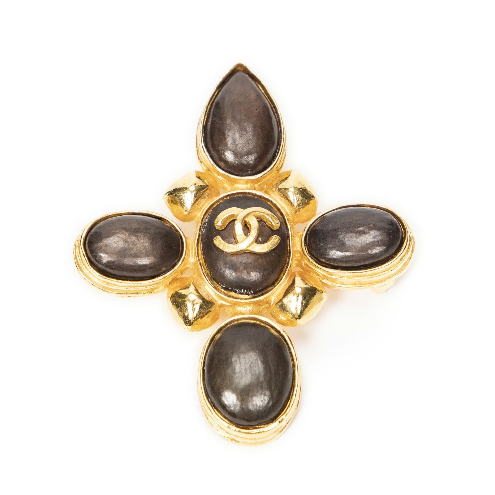 [中古] CHANEL シャネルCC ストーン クロス ブローチ金、茶色金メッキA