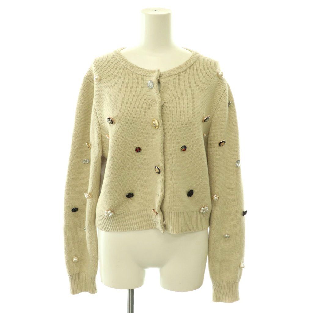 アメリヴィンテージ Ameri VINTAGE TWINKLE BIJOU SHORT KNIT TOP ニット セーター カーディガン ビジュー装飾 ウール混 長袖 M ベージュ /HS ■OS