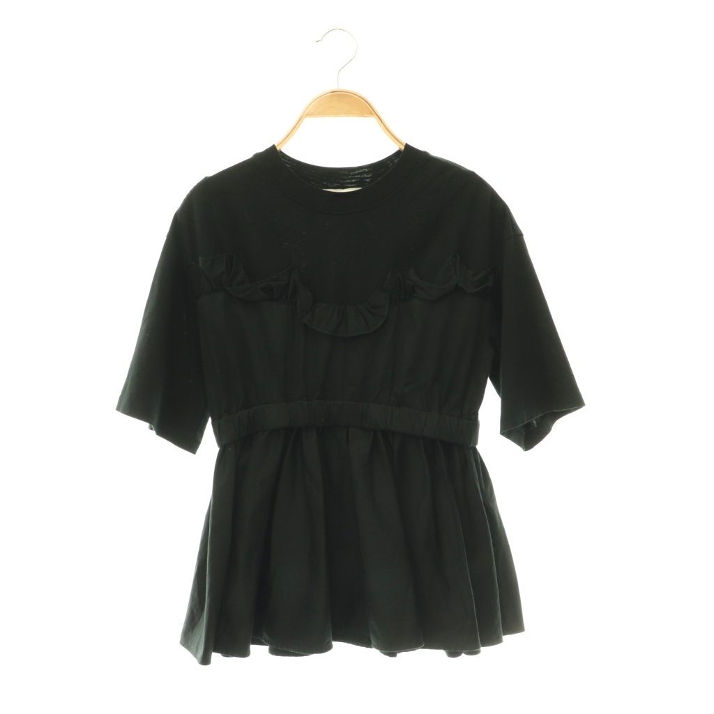 アディアム ADEAM Coppe Lia T-Shirt Tシャツ コットンジャージー 異素材切替 ラッフル 半袖 XS 黒 ブラック 44705 /HS ■OS