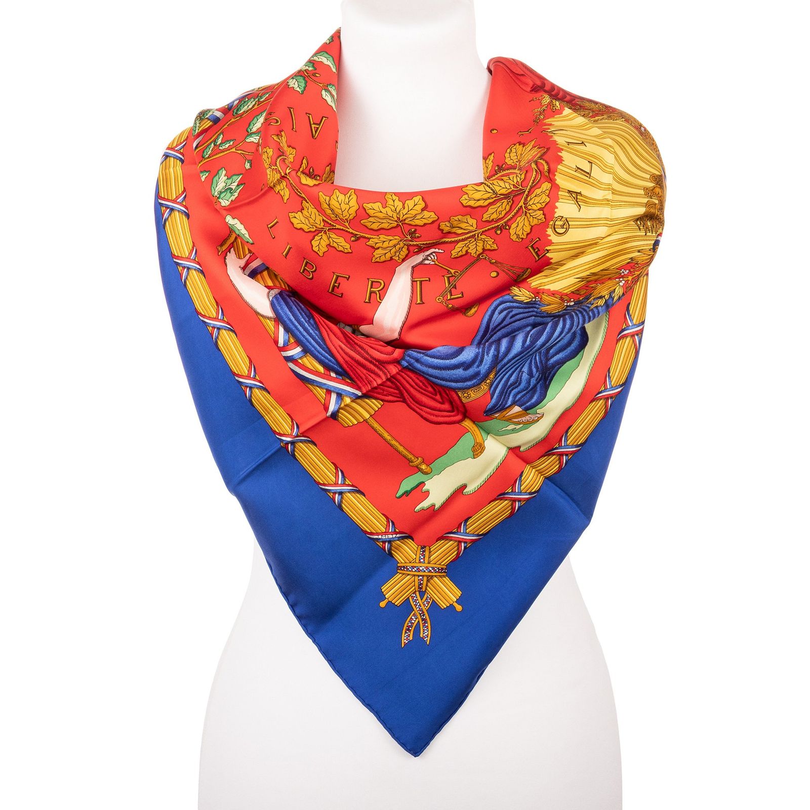 [中古] HERMES エルメススカーフ青、赤、金100% ツイルシルクA