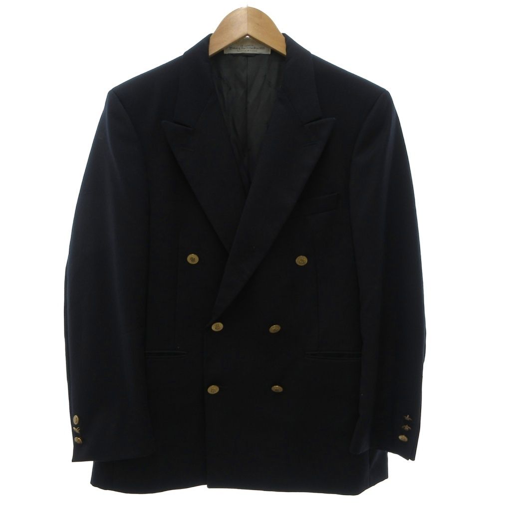アクアスキュータム AQUASCUTUM ヴィンテージ カナダ製 80s~ テーラードジャケット ブレザー 紺ブレ 金ボタン ダブル ピークドラペル サイドベンツ 総裏地 紺 ネイビー /KB ■ECG005
