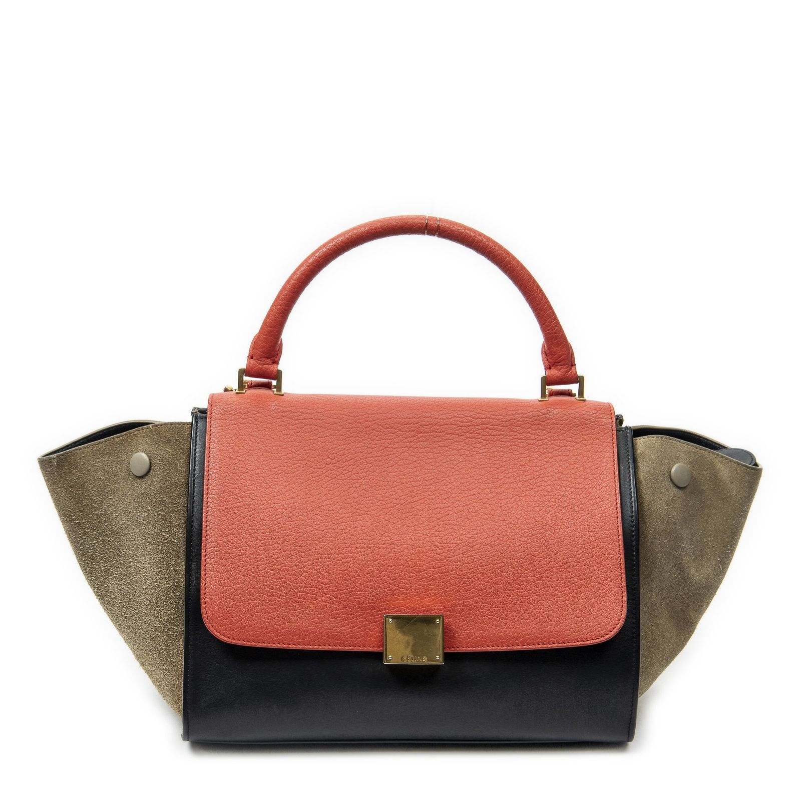 [中古] CELINE セリーヌスモール三色トラぺズ赤、黒、トープグレインカーフスキンレザーA
