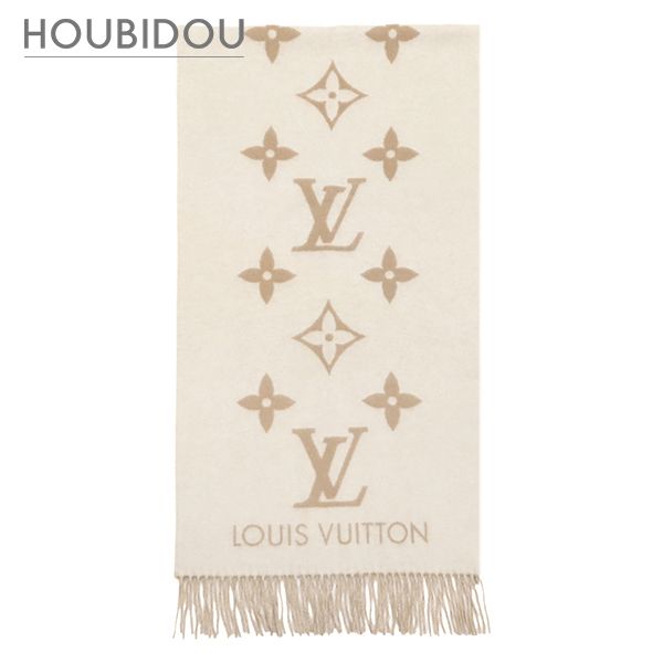 ルイヴィトン LOUIS VUITTON マフラー マフラー レイキャビック カシミヤ ベージュ×ホワイト モノグラム ジャイアント M78123 【箱】【中古】
