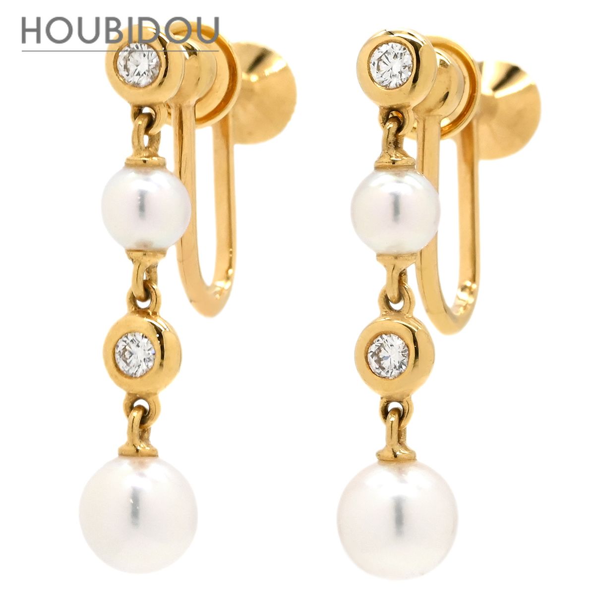 ミキモト MIKIMOTO イヤリング パール ダイヤ パールホワイト×イエローゴールド MIKIMOTO 真珠 Au750 18K YG ねじ式 ドロップ スウィング 【箱】【中古】