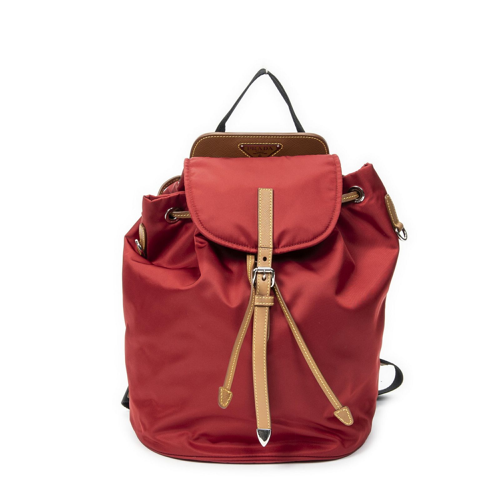 [中古] PRADA プラダドローストリング バックパック赤、タン、黒ナイロンキャンバスA