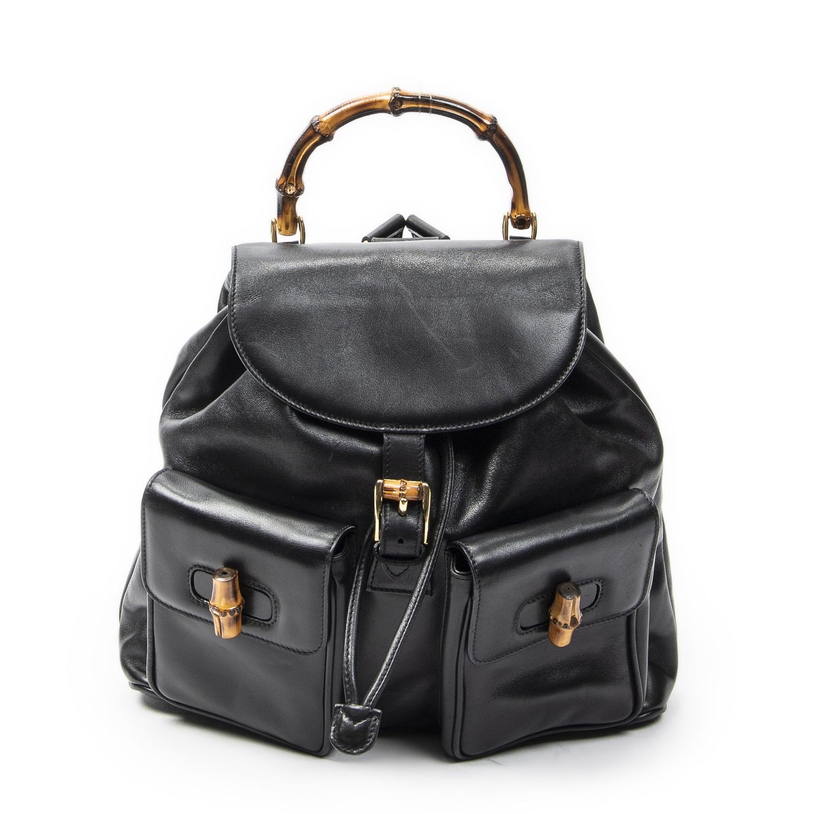 [中古] GUCCI グッチラージバンブー リュックサック黒カーフスキンレザーA