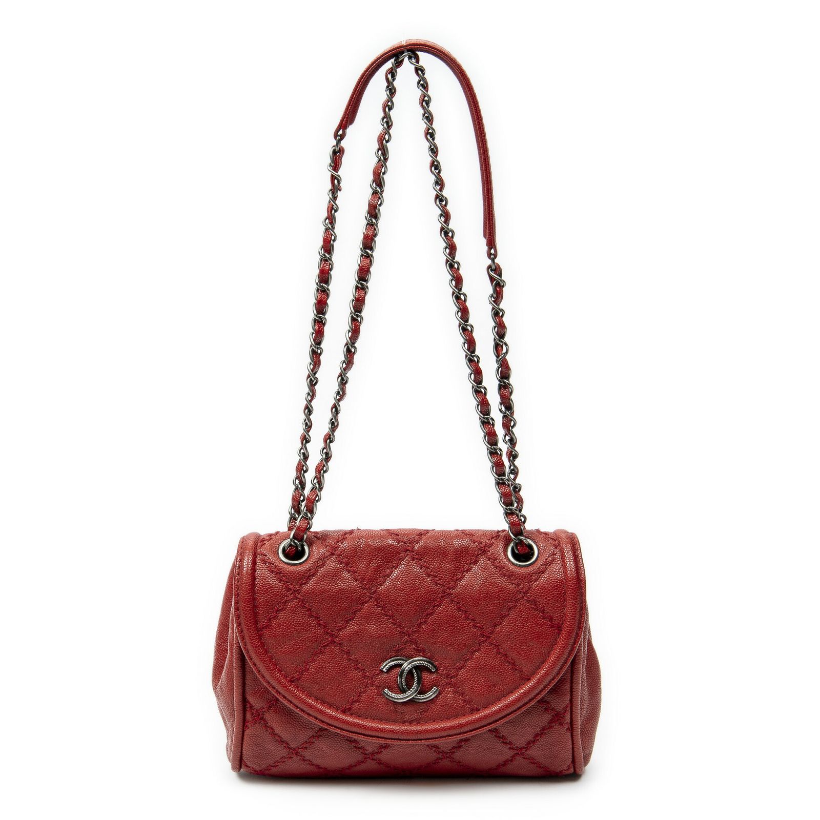 [中古] CHANEL シャネルCC アルティメット ステッチ チェーン ラウンド フラップ赤マトラッセキャビアレザーA