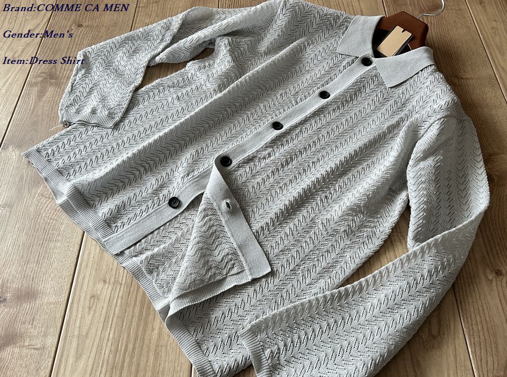 新品 COMME CA MEN コムサメン 透かし編み ポロカーディガン 03グレー Lサイズ 39KO06 定価22,000円