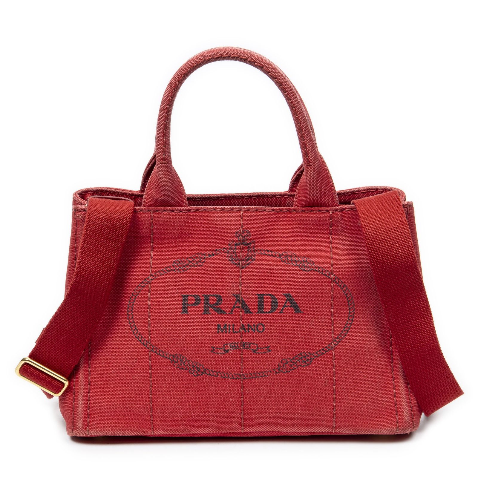 [中古] PRADA プラダカナパ スモール トート赤カナパキャンバスAB