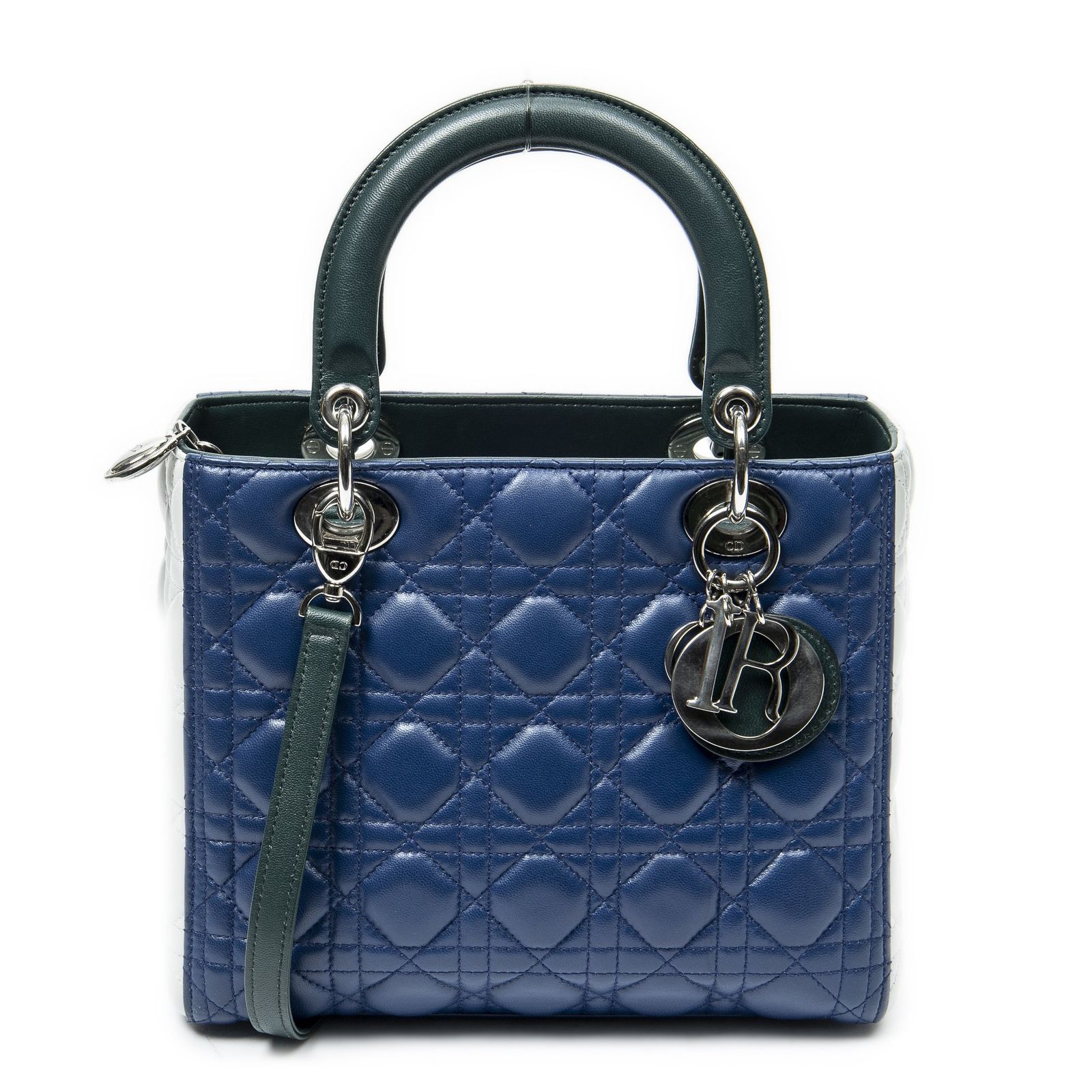 [中古] DIOR ディオールミディアム トリコロール レディ ディオール ジップ緑、青、アイボリーカナージラムスキンレザーA