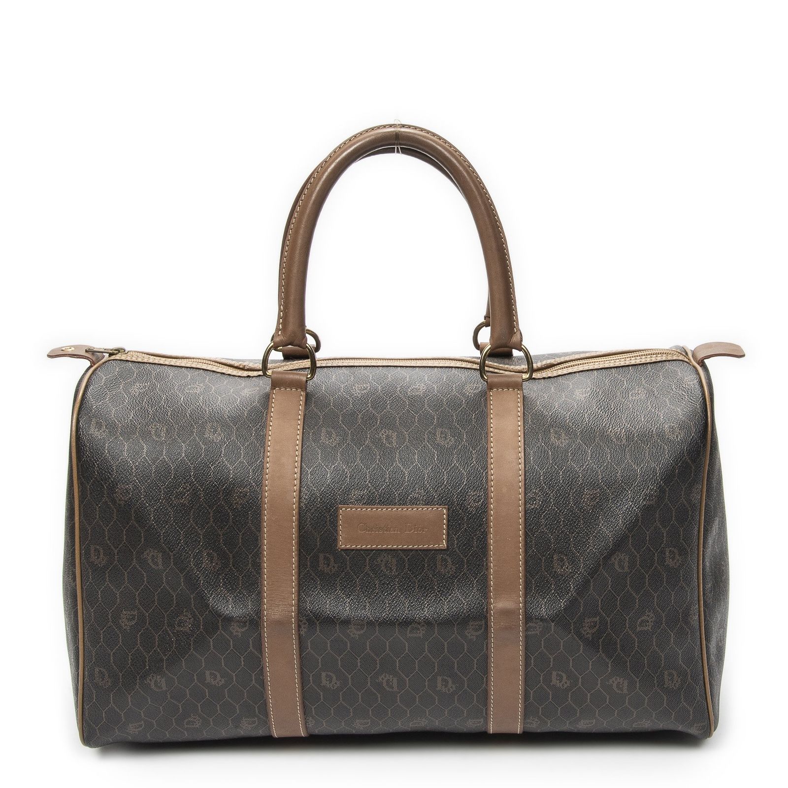 [中古] DIOR ディオールヴィンテージ ミディアム トラベル ボストンダークグレー、茶色ハニカムPVCキャンバスAB