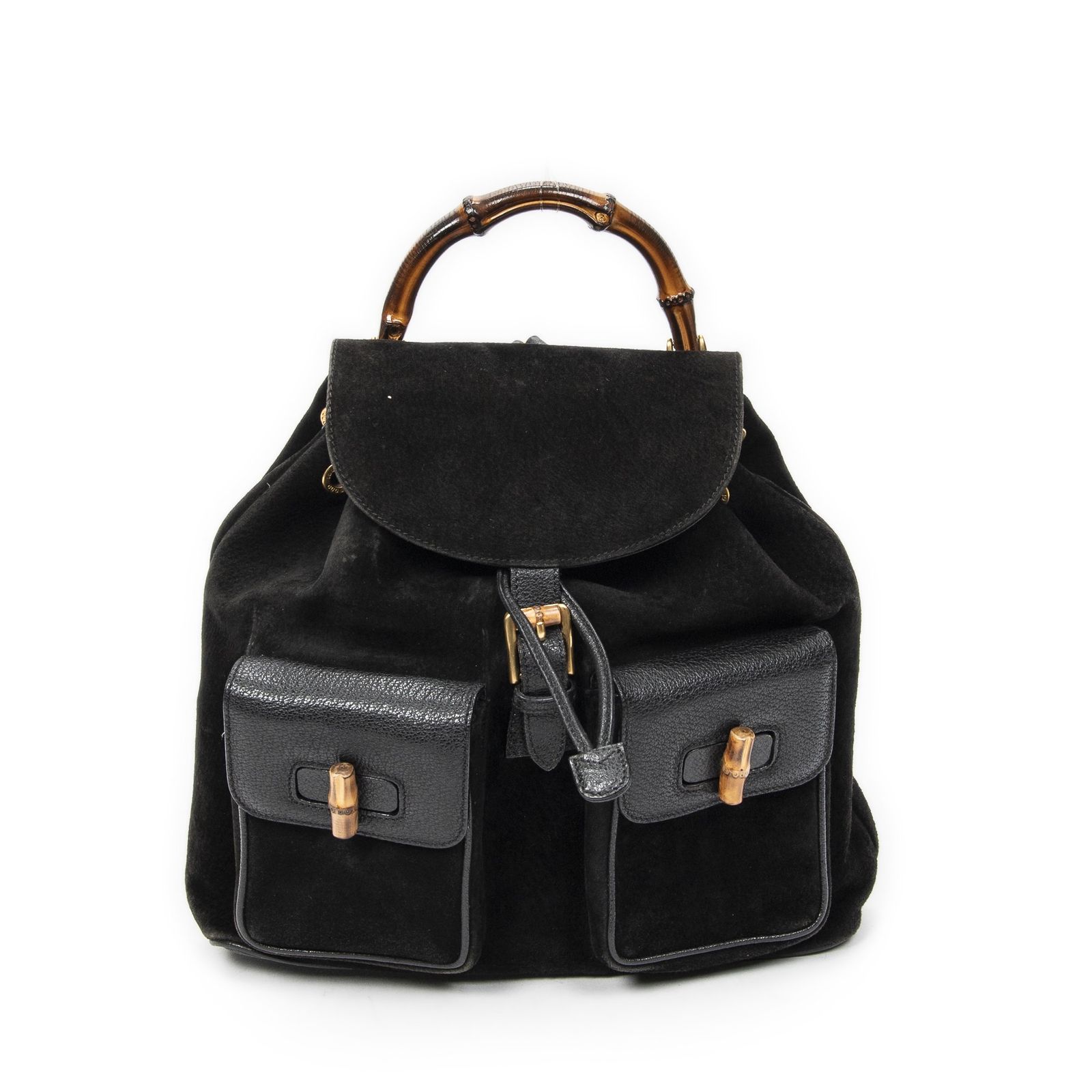 [中古] GUCCI グッチラージバンブー リュックサック黒スエードレザーAB