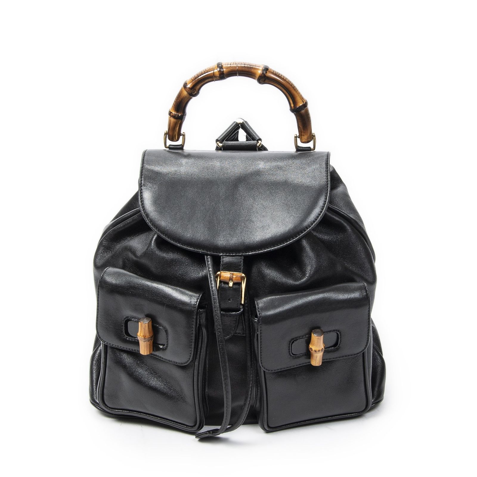 [中古] GUCCI グッチラージバンブー リュックサック黒カーフスキンレザーAB