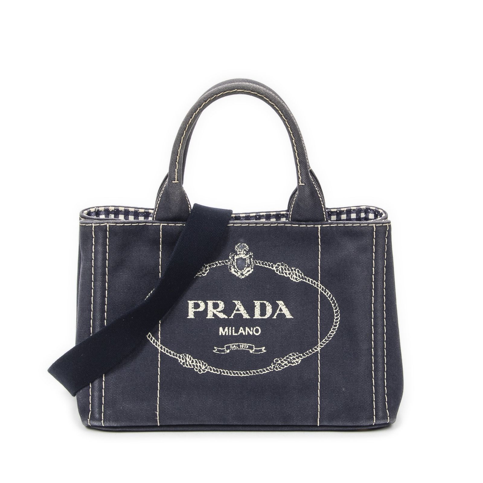 [中古] PRADA プラダカナパ スモール トートネイビーカナパキャンバスAB