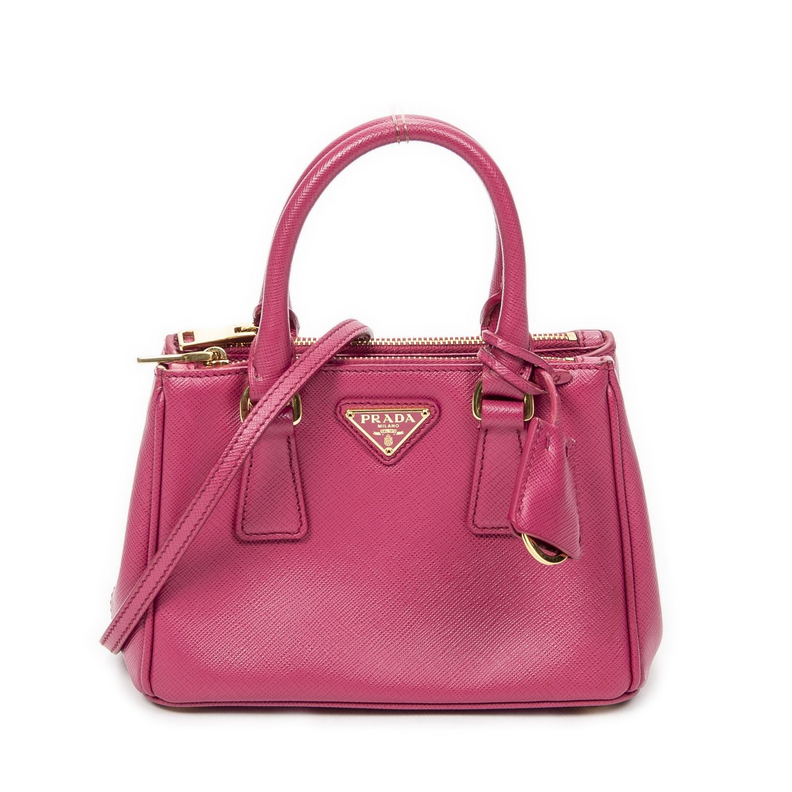 [中古] PRADA プラダラージダブルジップ ガレリア トートフューシャピンクサフィアーノレザーA