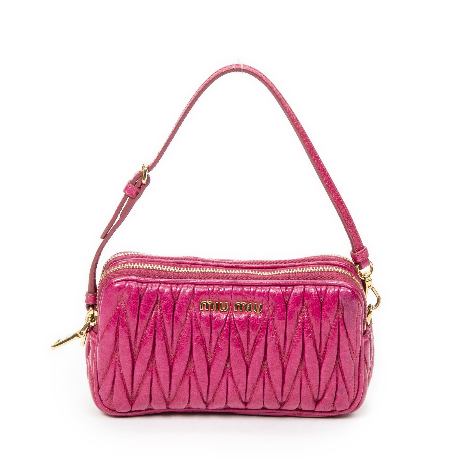 [中古] MIU MIU ミュウミュウDouble Zip Pouchフューシャピンクマトラッセ ラックス レザーA