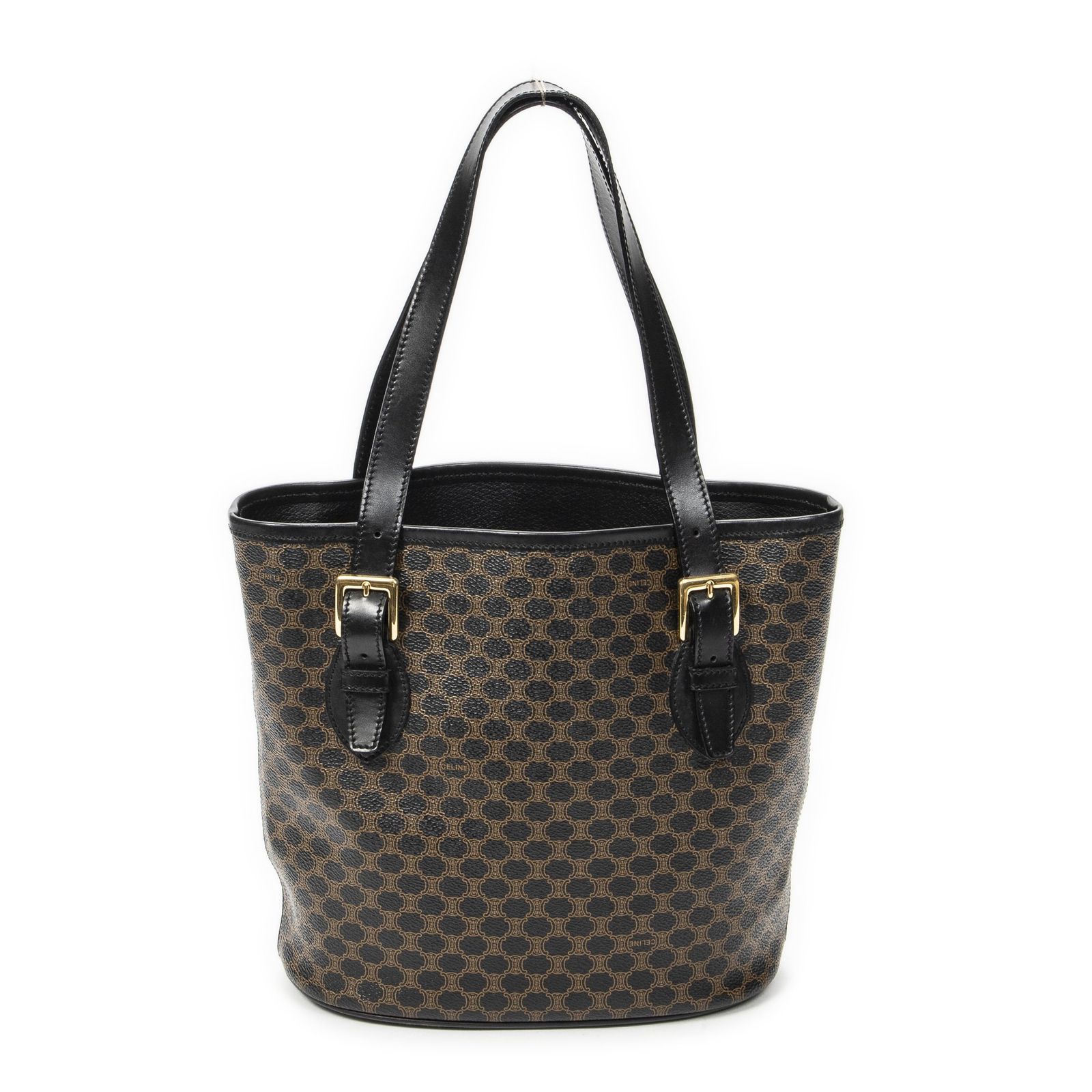[中古] CELINE セリーヌバケツ型トートバッグブラック/ブラウンマカダムPVCキャンバスA