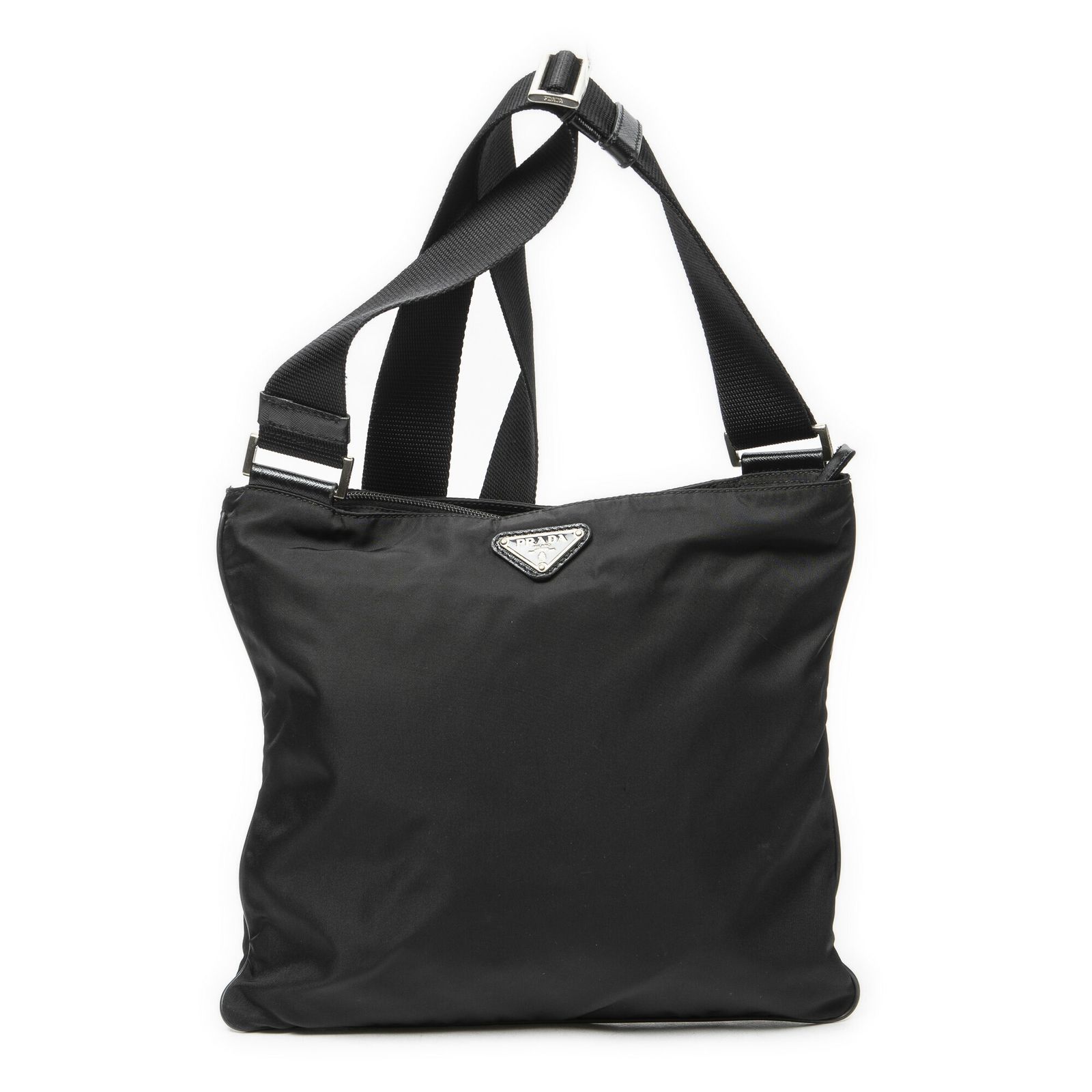 [中古] PRADA プラダスクエア フラット クロスボディ黒ナイロンキャンバスA