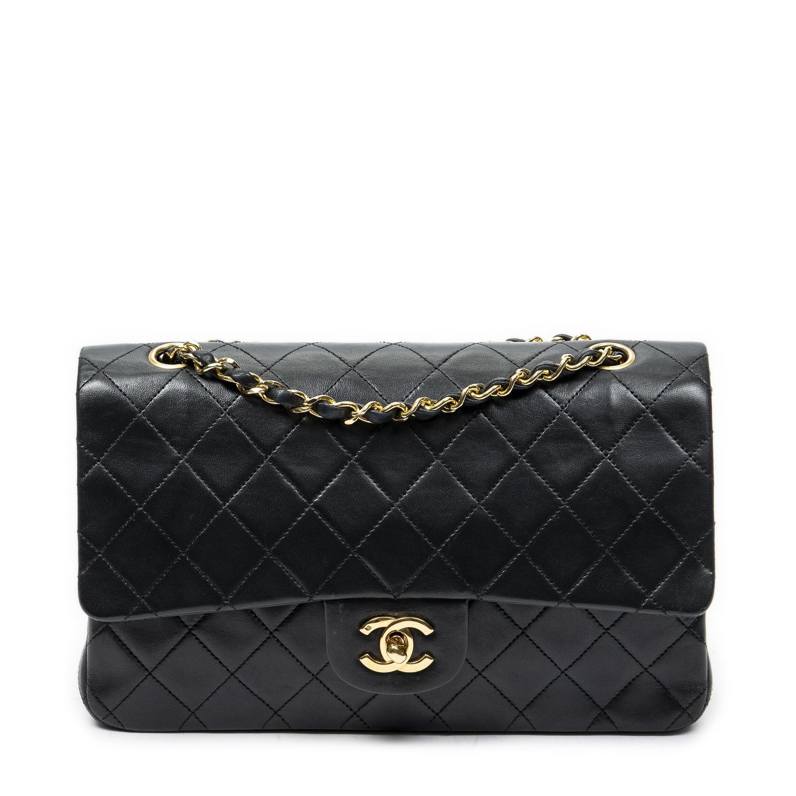 [中古] CHANEL シャネルマトラッセ Wフラップ黒カーフスキンレザーA