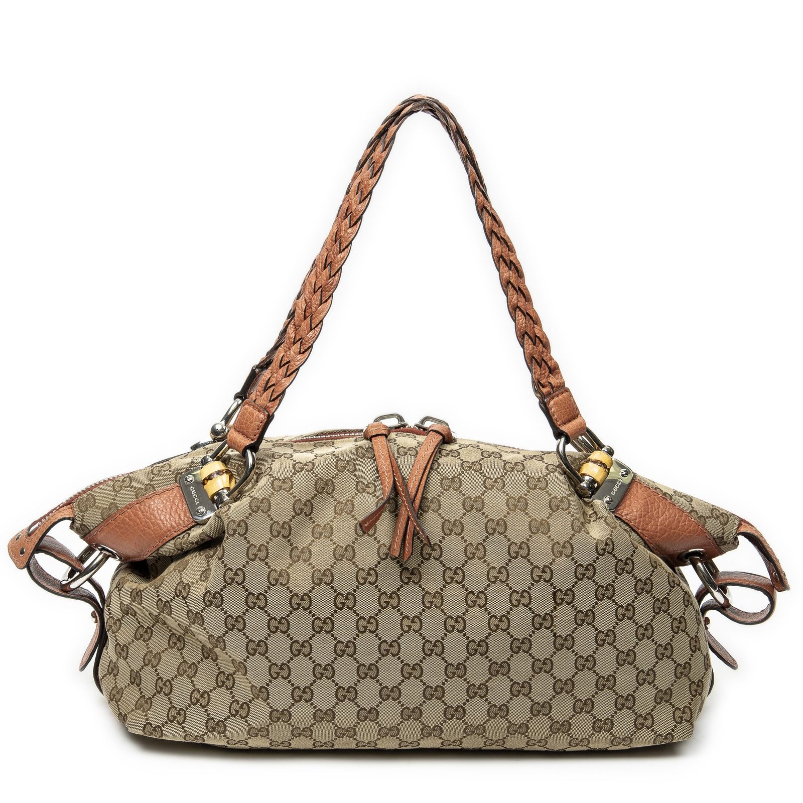 [中古] GUCCI グッチ大型バンブーバーボストンオレンジ、ベージュGGキャンバスA