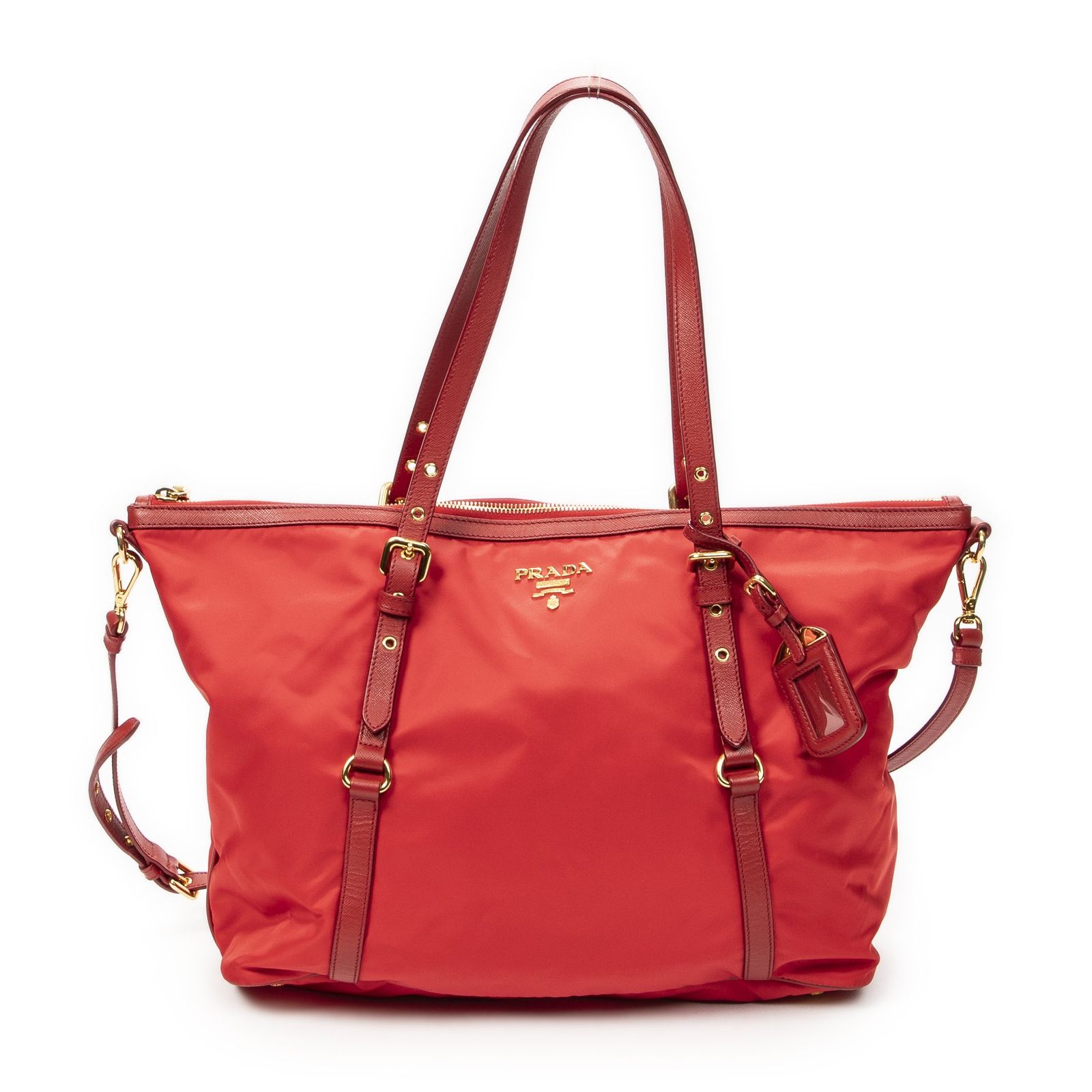 [中古] PRADA プラダコンバーチブル ジップ トート赤ナイロンキャンバスA